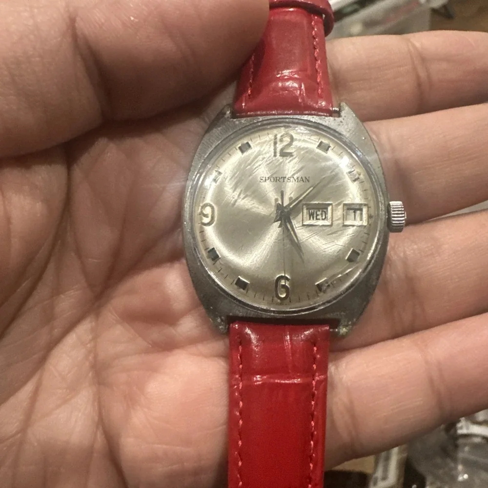 Working Vintage Sportsman Mens‎ Day Date Red Mechanical Watch Germany 34mm Fit 8